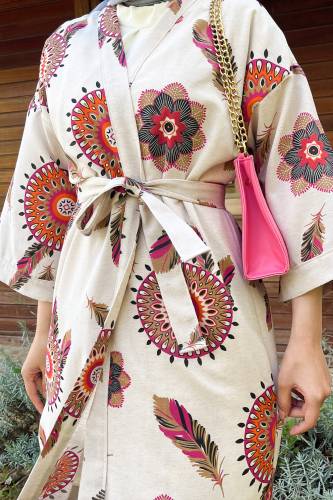 Tüy Desenli Tam Boy Kimono TSD220901 Fuşya - 2
