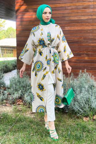 Tüy Desenli Tam Boy Kimono TSD220901 Yeşil 