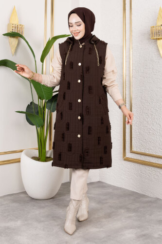 Tüy Detaylı Kapitone Yelek TSD250216 Acı Kahve - 3