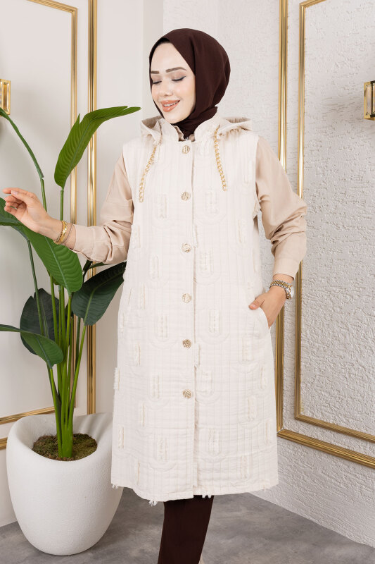 Tüy Detaylı Kapitone Yelek TSD250216 Bej - 2