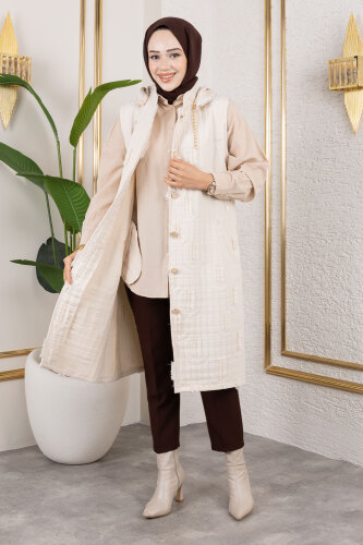 Tüy Detaylı Kapitone Yelek TSD250216 Bej - 3