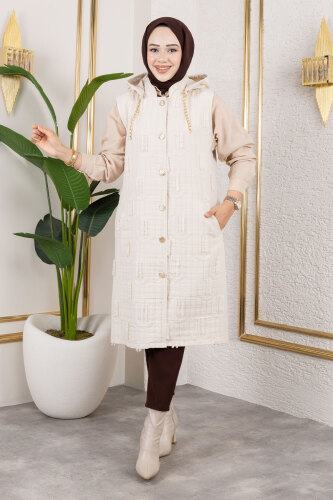 Tüy Detaylı Kapitone Yelek TSD250216 Bej - 4