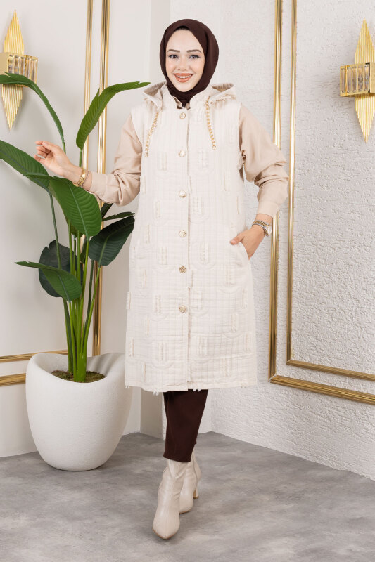 Tüy Detaylı Kapitone Yelek TSD250216 Bej - 4