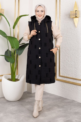 Tüy Detaylı Kapitone Yelek TSD250216 Siyah - TESETTÜR DÜNYASI