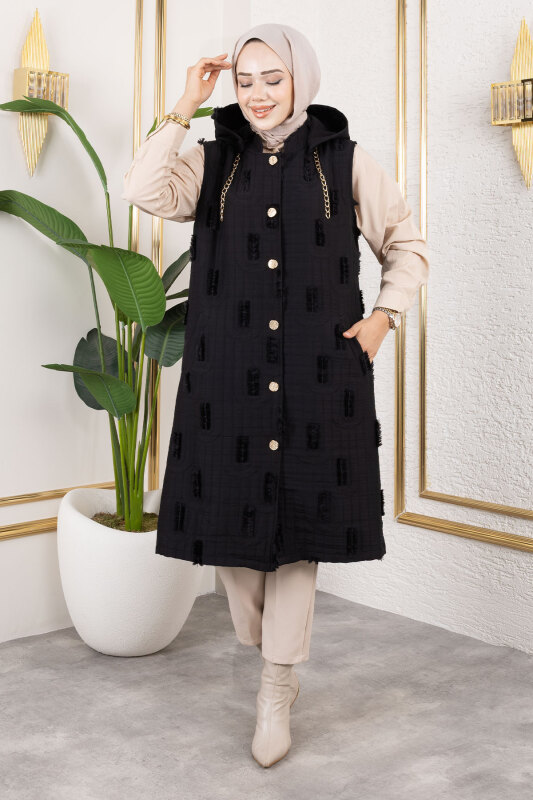 Tüy Detaylı Kapitone Yelek TSD250216 Siyah - 3
