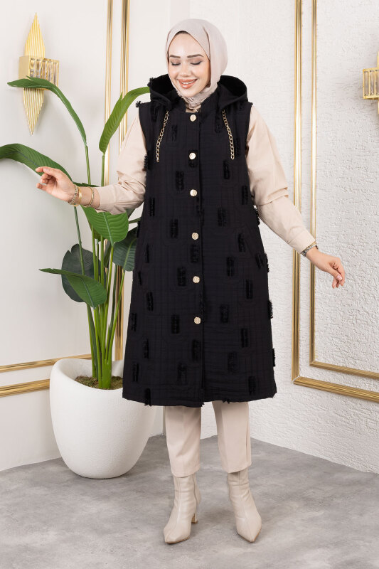 Tüy Detaylı Kapitone Yelek TSD250216 Siyah - 4