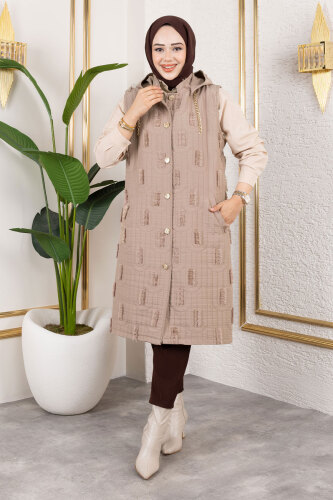 Tüy Detaylı Kapitone Yelek TSD250216 Vizon - 3