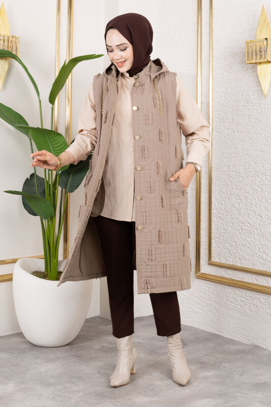 Tüy Detaylı Kapitone Yelek TSD250216 Vizon - 4