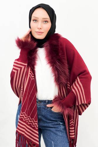 Tüy Detaylı Triko Panço TSD220921 Bordo 