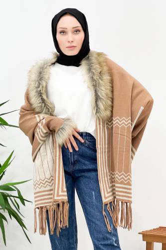 Tüy Detaylı Triko Panço TSD220921 Camel 