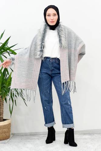 Tüy Detaylı Triko Panço TSD220921 Gri 
