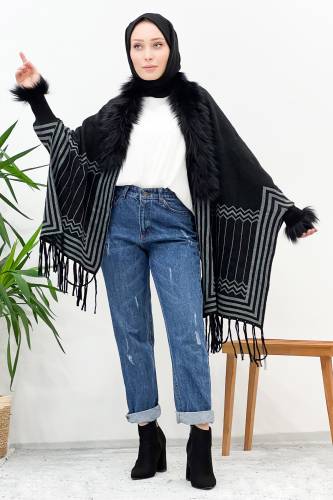 Tüy Detaylı Triko Panço TSD220921 Siyah 