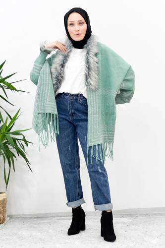 Tüy Detaylı Triko Panço TSD220921 Yeşil 