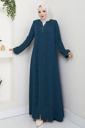 V Yaka Abaya TSD250123 İndigo - Tesettür Dünyası