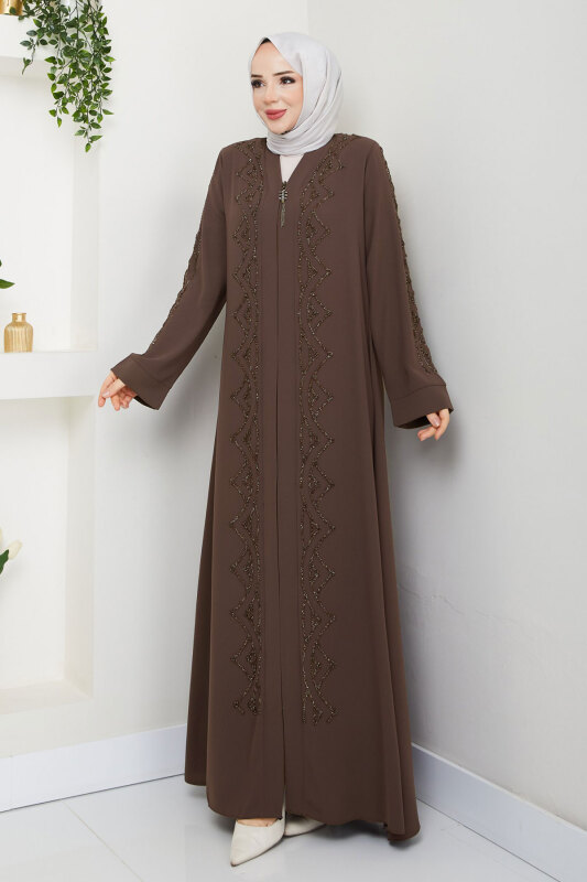 V Yaka Abaya TSD250123 Kahverengi - Tesettür Dünyası