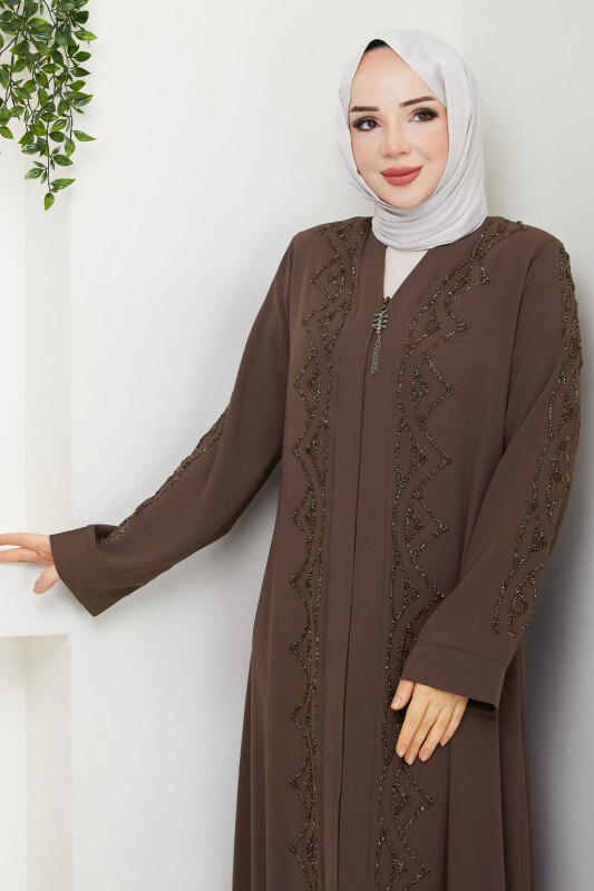 V Yaka Abaya TSD250123 Kahverengi - Tesettür Dünyası (1)