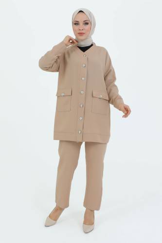 V Yaka Boydan Düğmeli Cepli İkili Takım TSD231218 Bej 