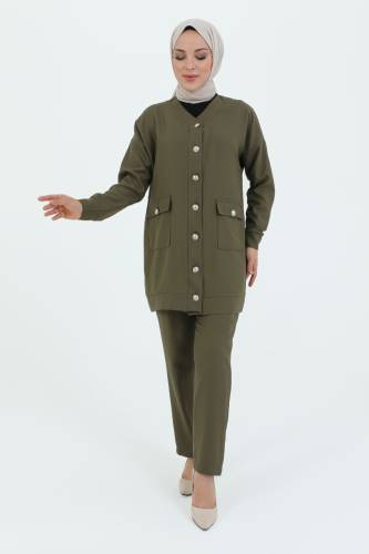 V Yaka Boydan Düğmeli Cepli İkili Takım TSD231218 Haki - 1