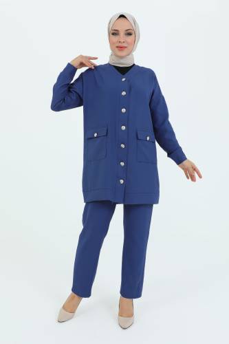 V Yaka Boydan Düğmeli Cepli İkili Takım TSD231218 İndigo 
