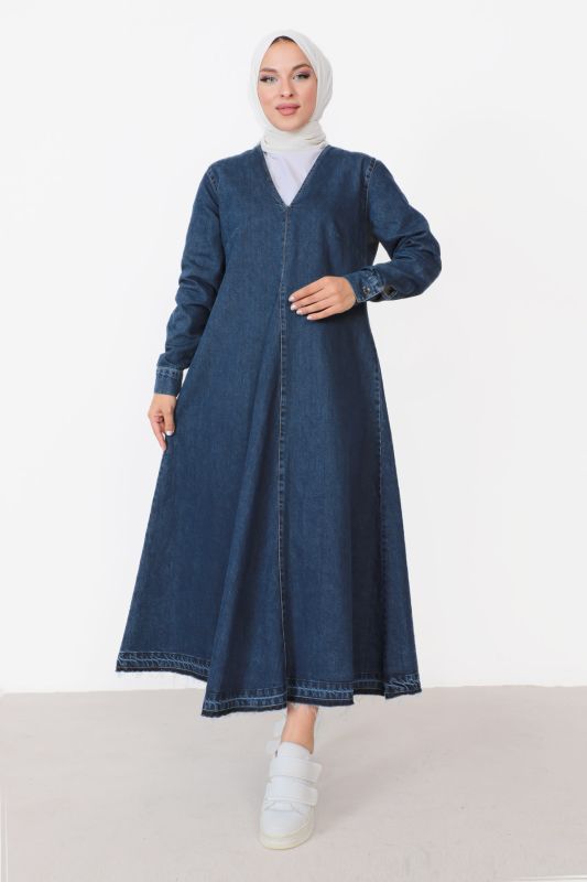 V Yaka Kot Elbise TSD230908 Mavi - Tesettür Dünyası