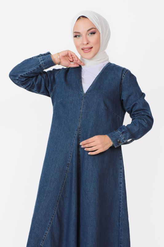 V Yaka Kot Elbise TSD230908 Mavi - Tesettür Dünyası (1)