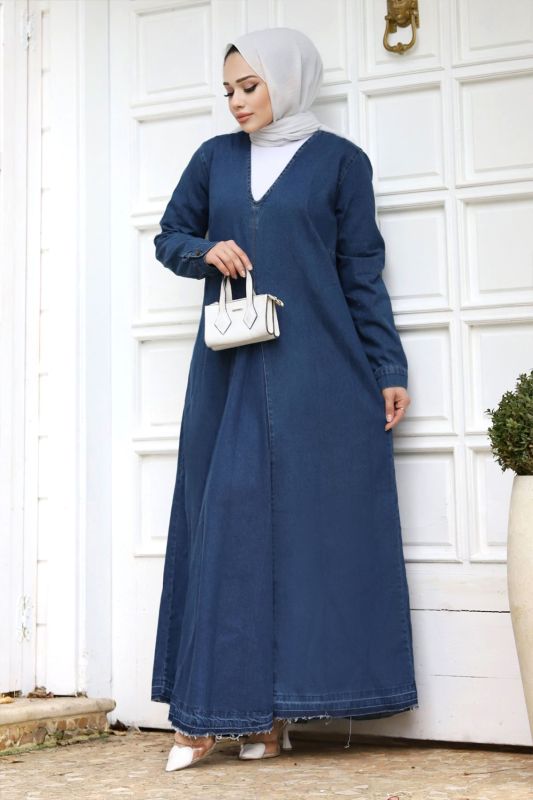 V Yaka Kot Elbise TSD240233 Mavi - Tesettür Dünyası
