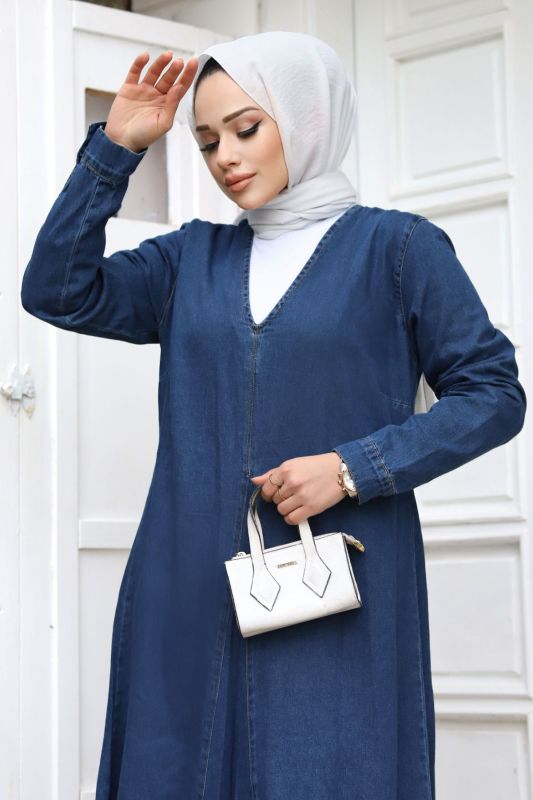 V Yaka Kot Elbise TSD240233 Mavi - Tesettür Dünyası (1)