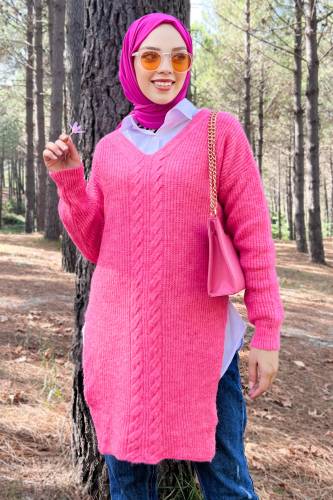 V Yaka Triko Tunik TSD220907 Fuşya - 3