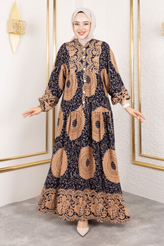 Varak Desenli Viskon Elbise TSD250191 Lacivert - Tesettür Dünyası