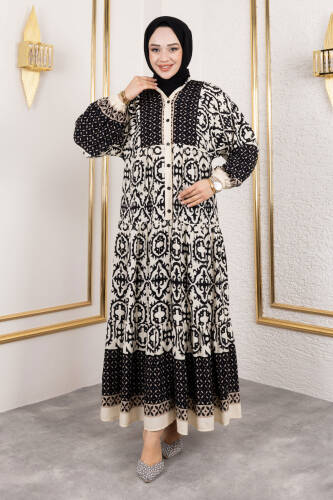 Önden Düğmeli Viskon Elbise TSD250117 Siyah - Tesettür Dünyası