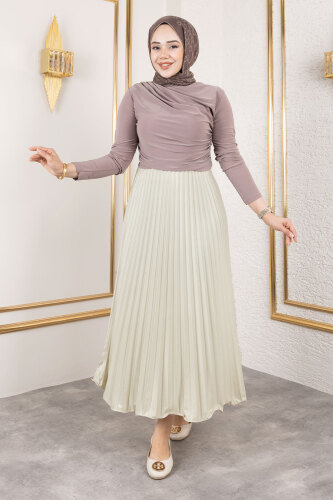 Volanlı Deri Görünümlü Etek TSD250155 Bej 