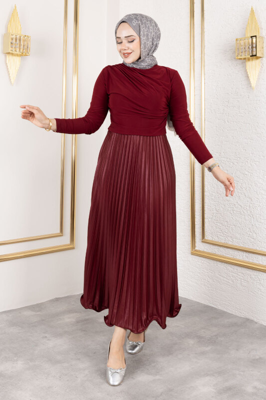 Volanlı Deri Görünümlü Etek TSD250155 Bordo - 1