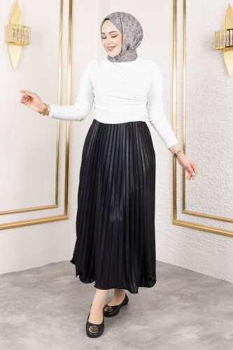 Volanlı Deri Görünümlü Etek TSD250155 Siyah 