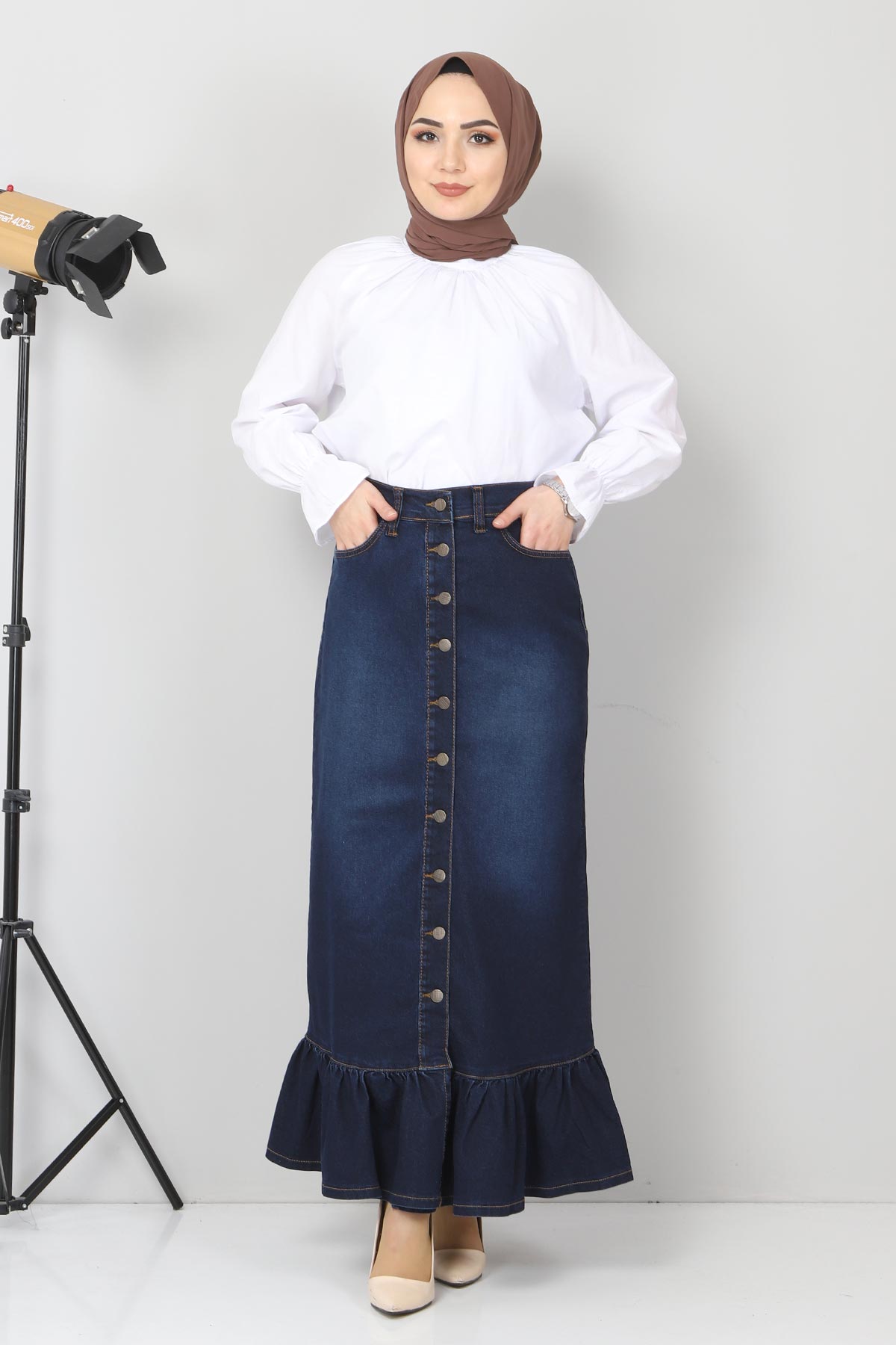 Tesettür Dünyası - Ruffle Buttoned Jeans Skirt TSD22027 Dark Blue
