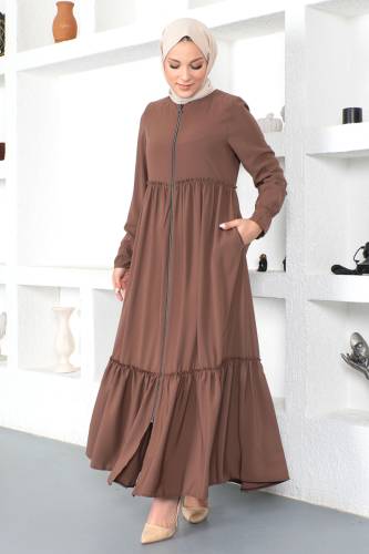 Volanlı Tesettür Ferace TSD230335 Kahverengi 