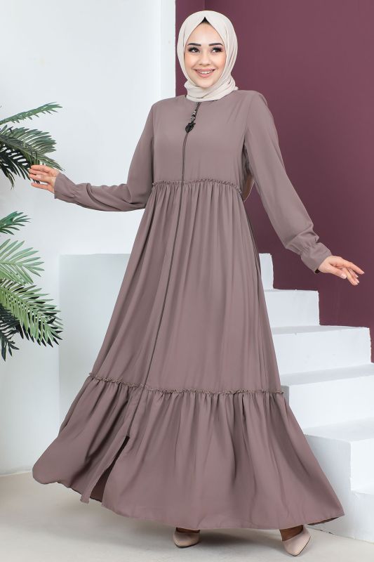 Volanlı Tesettür Ferace TSD230335 Vizon - Tesettür Dünyası