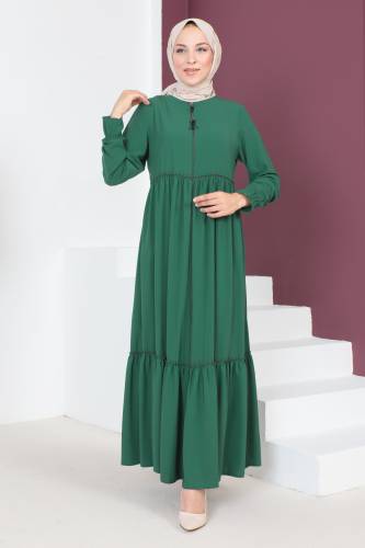 Volanlı Tesettür Ferace TSD230335 Yeşil 