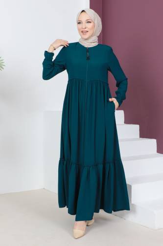 Volanlı Tesettür Ferace TSD230335 Zümrüt 