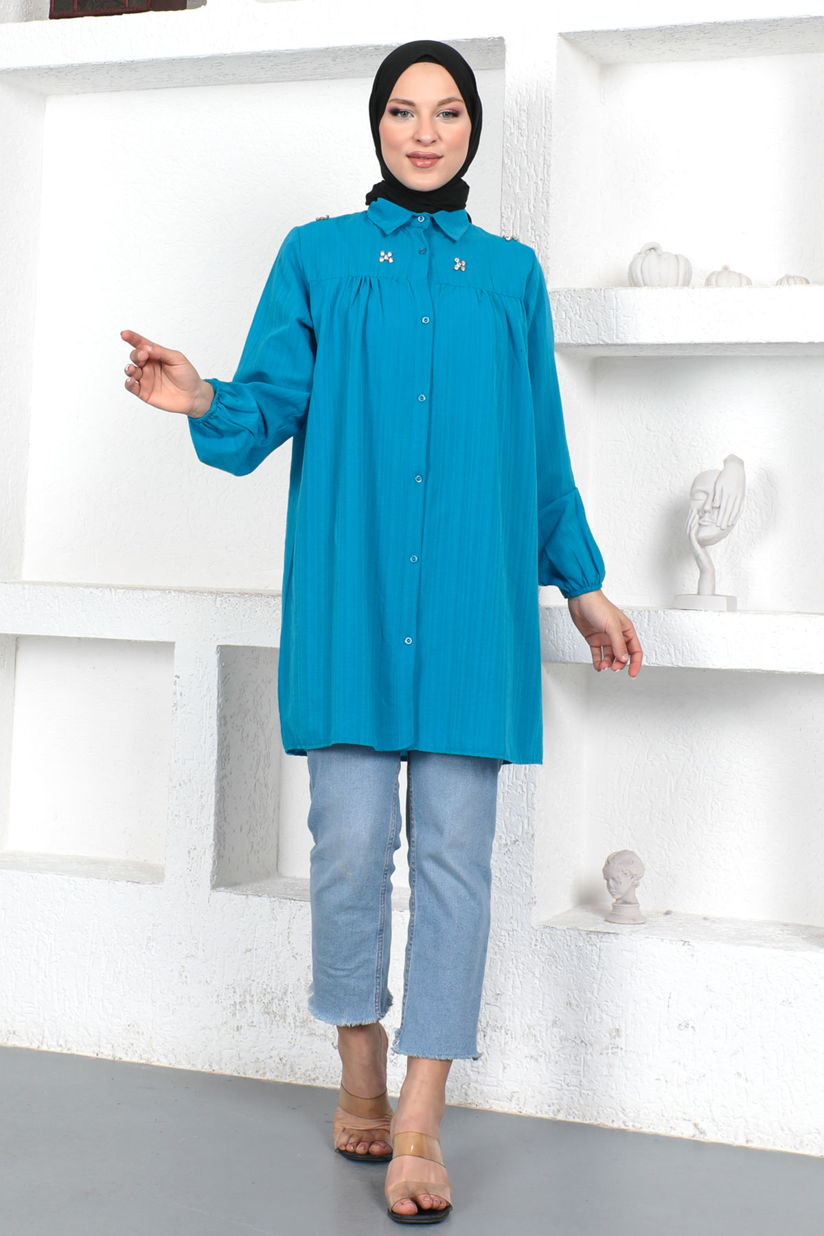 Tesettür Dünyası - Omuzu Taşlı Tunik TSD230371 Mavi