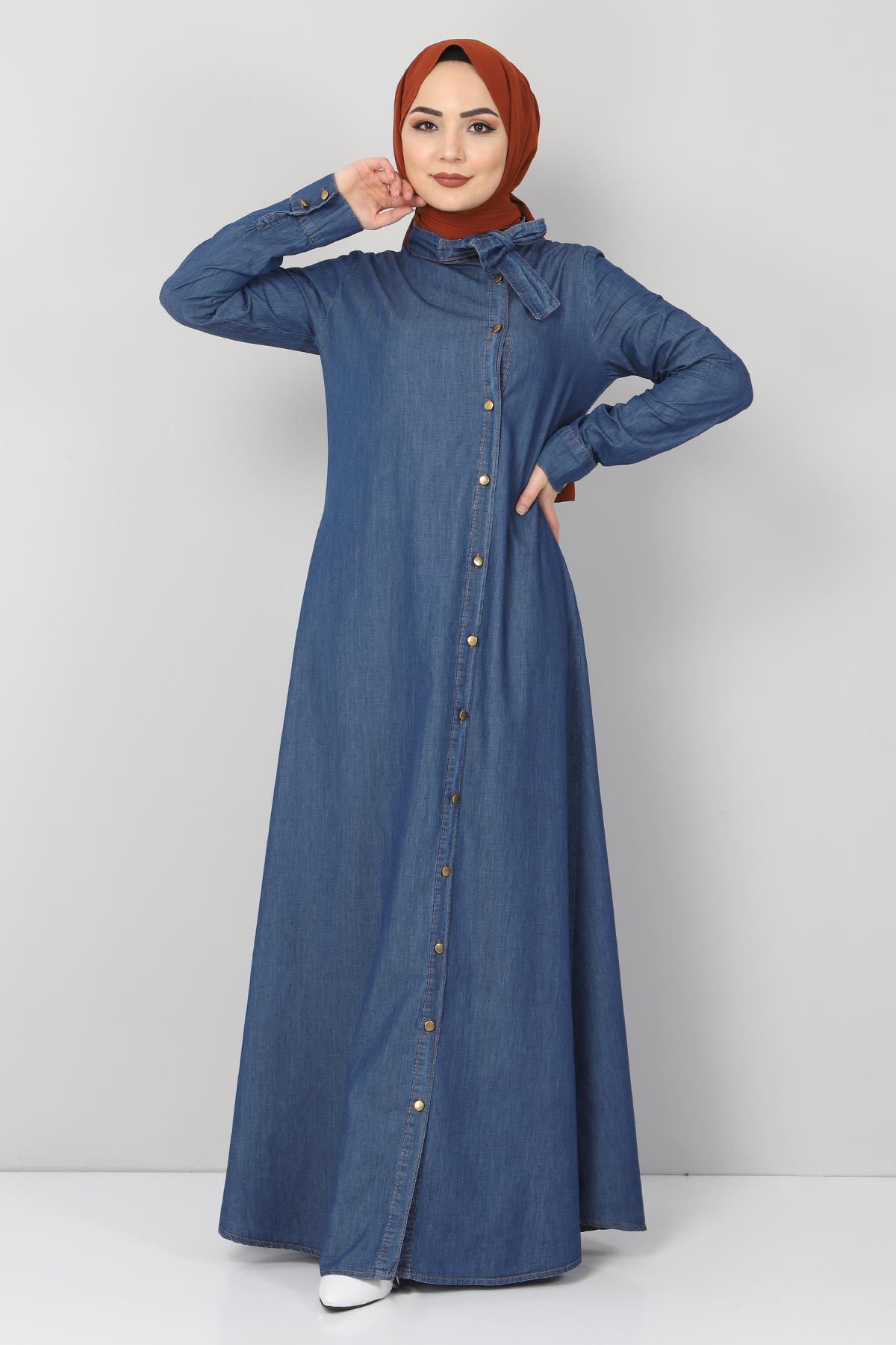 Tesettür Dünyası - Yaka Detaylı Kot Elbise TSD1502 Koyu Mavi