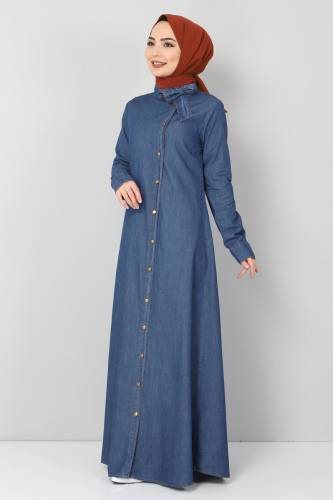 Tesettür Dünyası - Yaka Detaylı Kot Elbise TSD1502 Koyu Mavi (1)