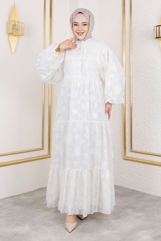 Lina Dantel İşlemeli Elbise TSD250154 Beyaz - 4