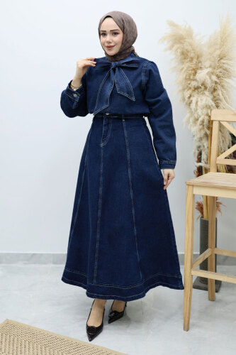 Yakası Bağlamalı Etekli Kot Takım TSD260135 Koyu Mavi - Tesettür Dünyası