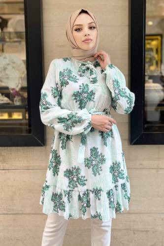 Yakası Bağlamalı Şifon Tunik TSD220807 Beyaz 