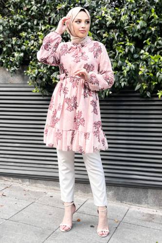 Yakası Bağlamalı Şifon Tunik TSD220807 Pembe 