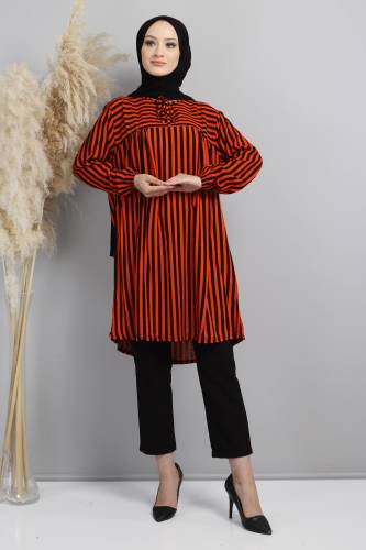 Yakası Bağlamalı Tunik TSD220633 Kiremit 