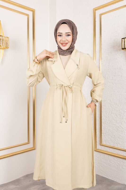 Yakası Fermuar Detaylı Beli Büzgülü Kap TSD250181 Bej - Tesettür Dünyası (1)