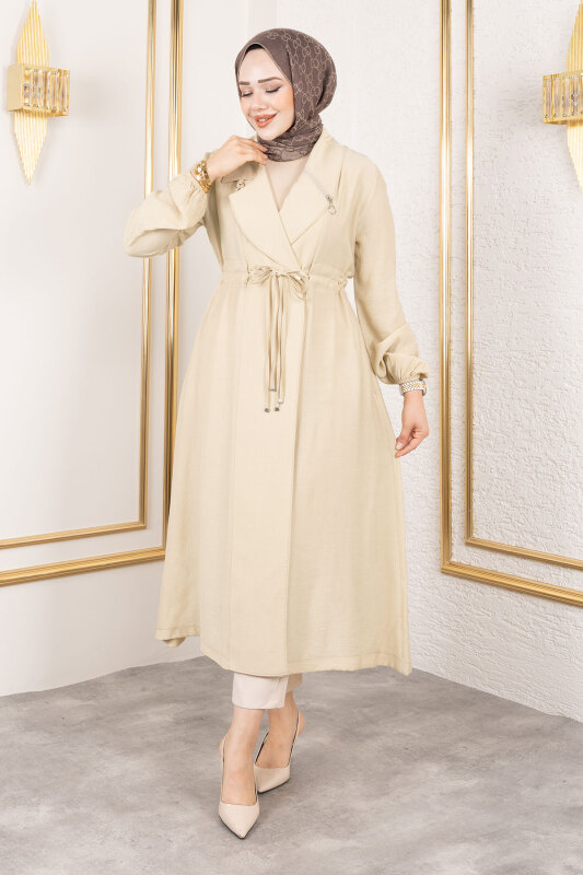 Yakası Fermuar Detaylı Beli Büzgülü Kap TSD250181 Bej - Tesettür Dünyası