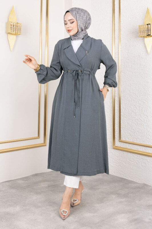 Yakası Fermuar Detaylı Beli Büzgülü Kap TSD250181 Füme - Tesettür Dünyası