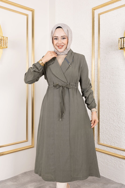 Yakası Fermuar Detaylı Beli Büzgülü Kap TSD250181 Haki - Tesettür Dünyası (1)